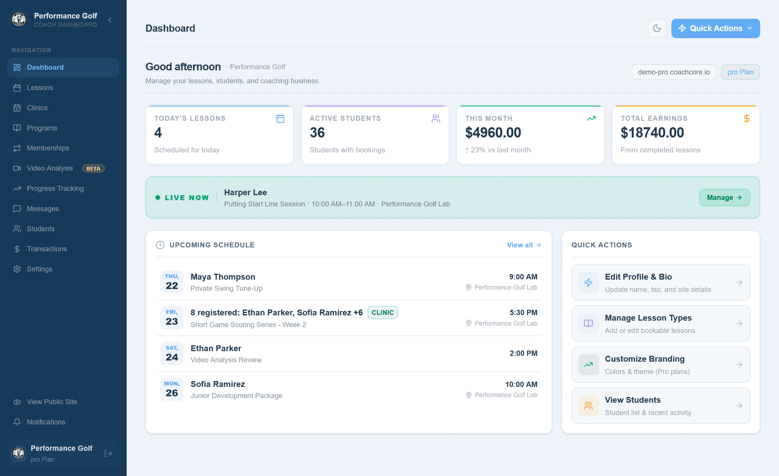 CoachCore coach dashboard showing today's lessons, upcoming schedule and quick actions